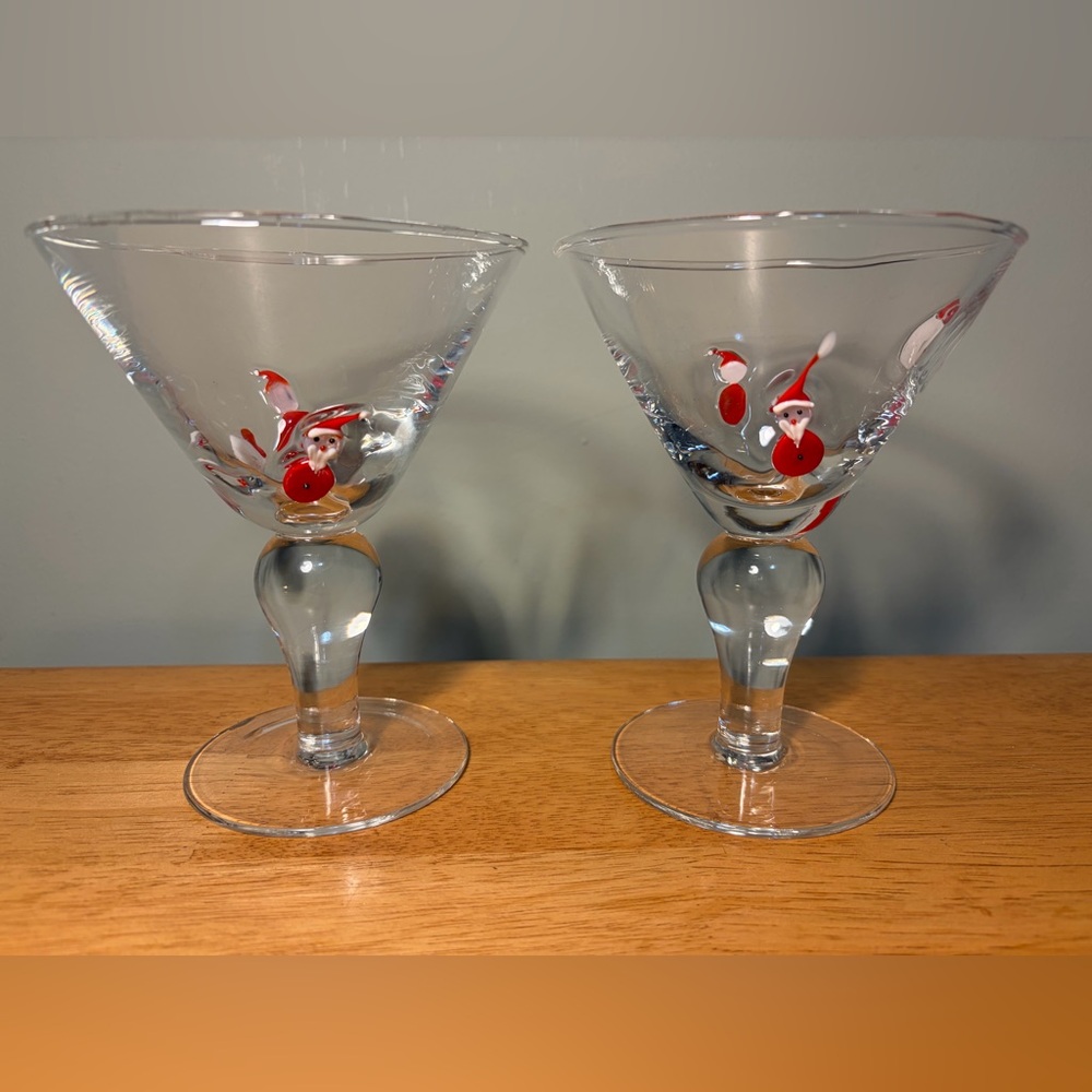 Set of Artland Fused Glass Christmas Snowman Santa Martini Glasses.